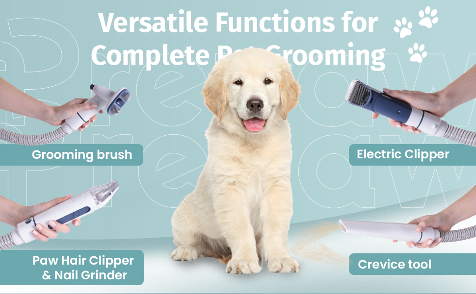 PrePaw Pet Grooming Vacuum Kit All Inclusive with Paw Trimmer & Nail grinder - 11000Pa Powerful Suction With HEPA Filter
