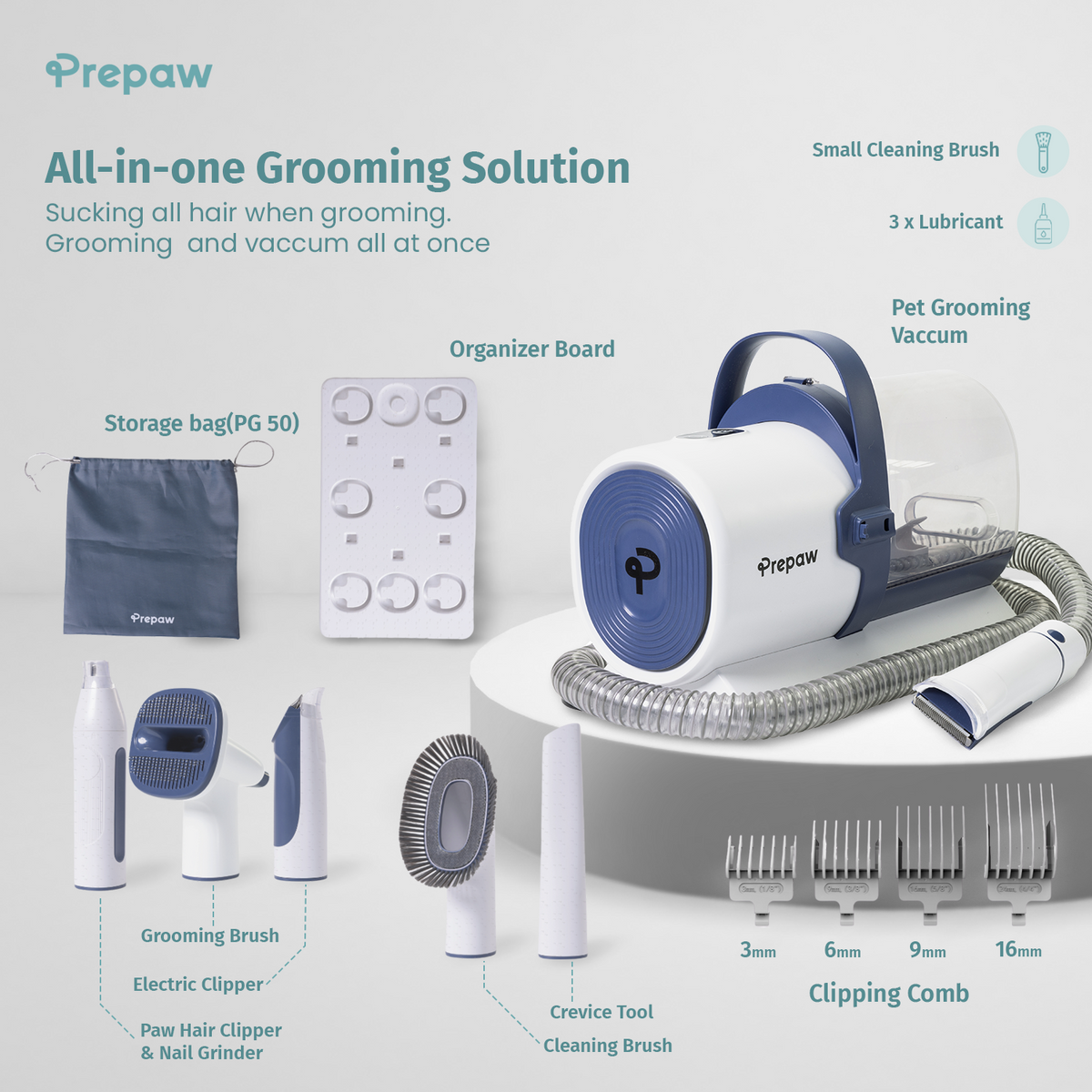 PrePaw Pet Grooming Vacuum Kit All Inclusive with Paw Trimmer & Nail grinder - 11000Pa Powerful Suction With HEPA Filter